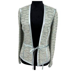 St John Evening Womens Tweed Open Front Jacket Tie Size‎ 8 Light Blue Silver
